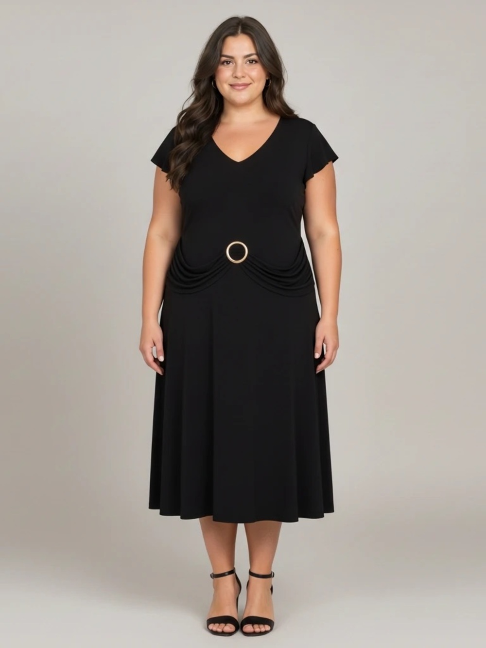 Courtenay Black Wrap Midi Dress Women’s Size 14 O-Ring Buckle Stretch NWT